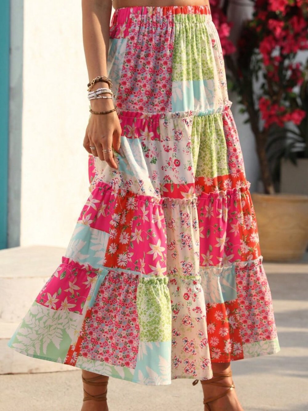 Multicolor boho Casual Women's Colorblock Floral Print Ruffle Hem maxi Skirt - Picture 5 of 10